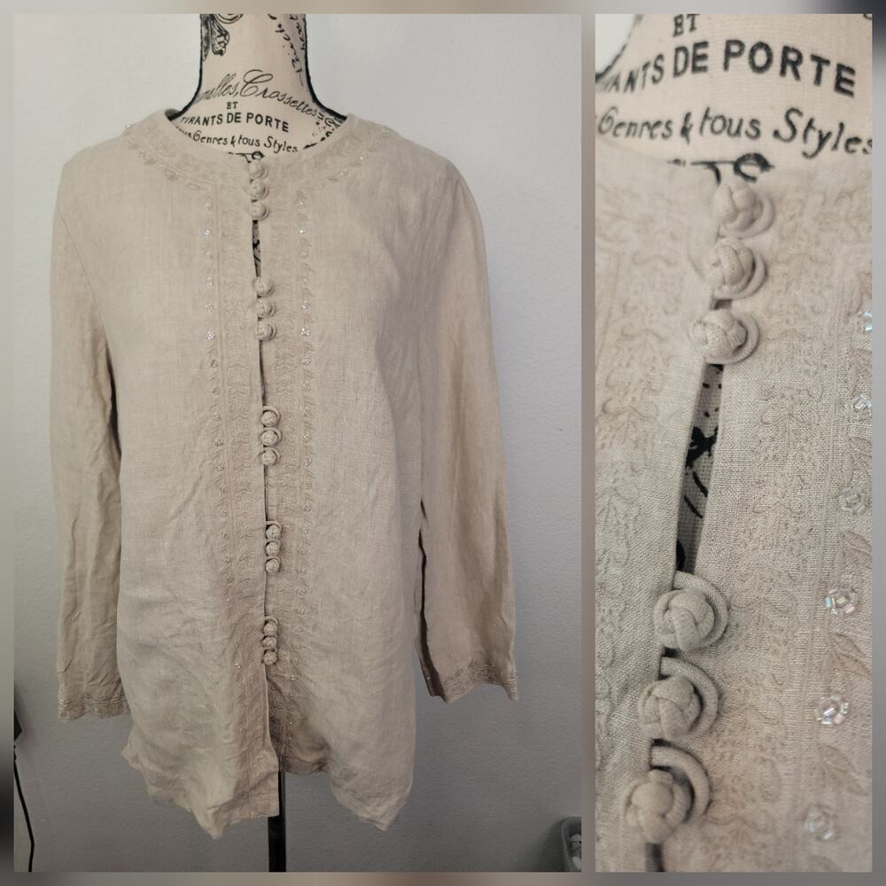 Neiman Marcus Button Up Shirt Womens SZ Medium 100% Linen Embellished Tan